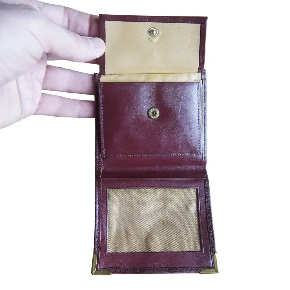 Vintage Burgundy Leather Wallet Brass Corner Guards Coin Purse ID Window